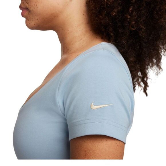 Nike Essentials Swoosh Top Womens Sz L Logo Blue Scoop Neck Crop Workout Sports - Picture 2 of 10